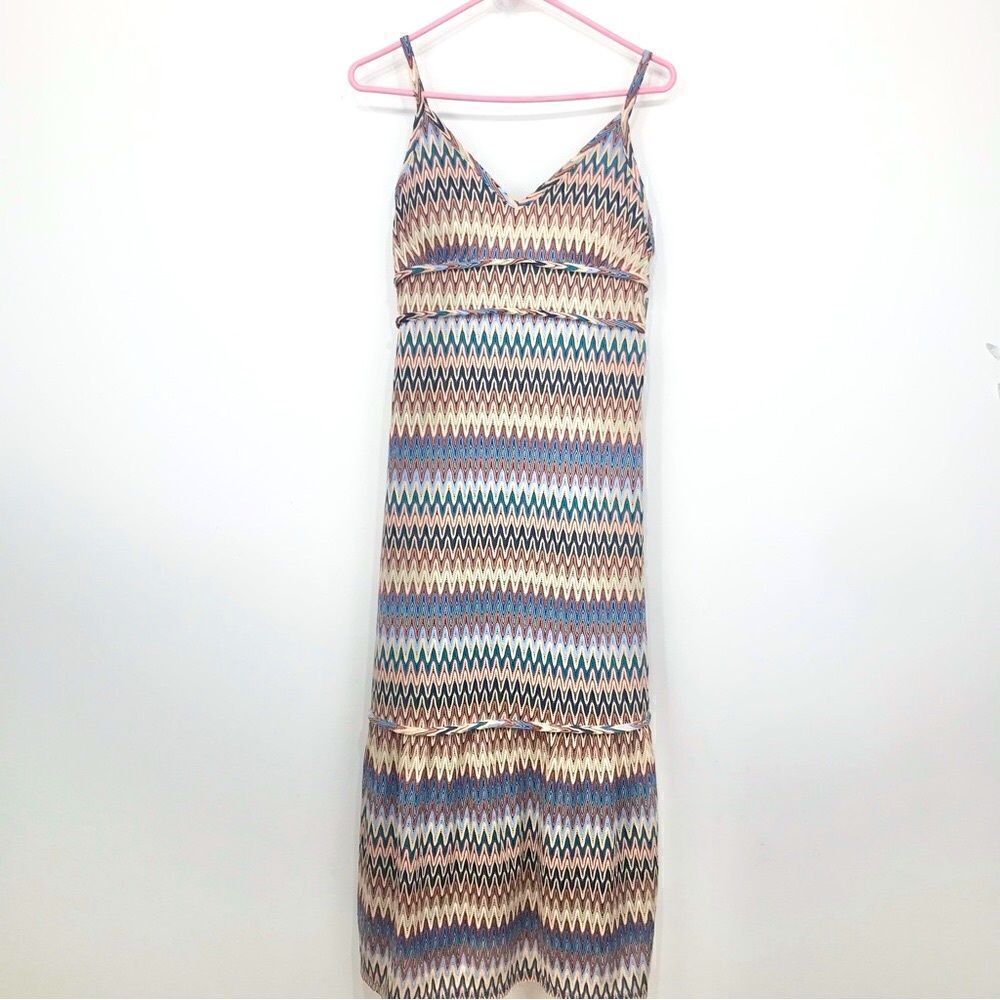 Versona Tan Cream Blue Zigzag Spaghetti Strap Halter Dress NEW